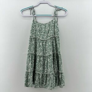 Womens Small Green White Floral Tie Ruffle Tiered Mini Dress Bohemian Flowy
